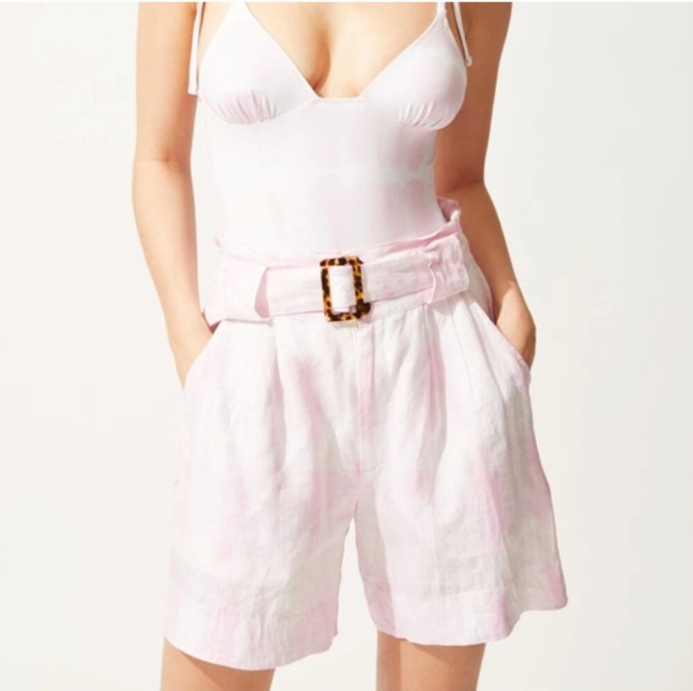 Solid & Striped Paperbag-Waist Plad Linen Shorts Women Pink Small